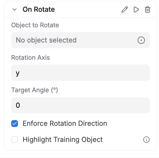 On Rotate event configuration showing Object to Rotate, Rotation Axis, Target Angle, Enforce Rotation Direction, and Highlight Training Object