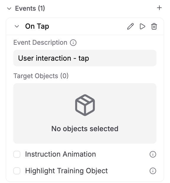 On Tap event configuration showing Event Description, Target Objects, Instruction Animation, and Highlight Training Object options