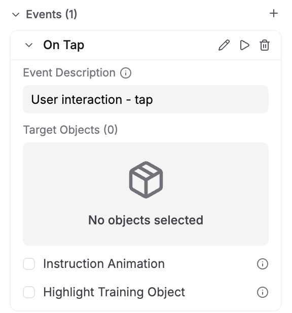 On Tap event configuration showing Event Description, Target Objects, Instruction Animation, and Highlight Training Object options