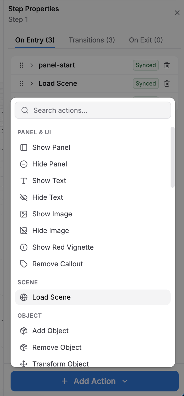 Add Action picker showing actions like Set Variable, Delay, Load Scene grouped by category