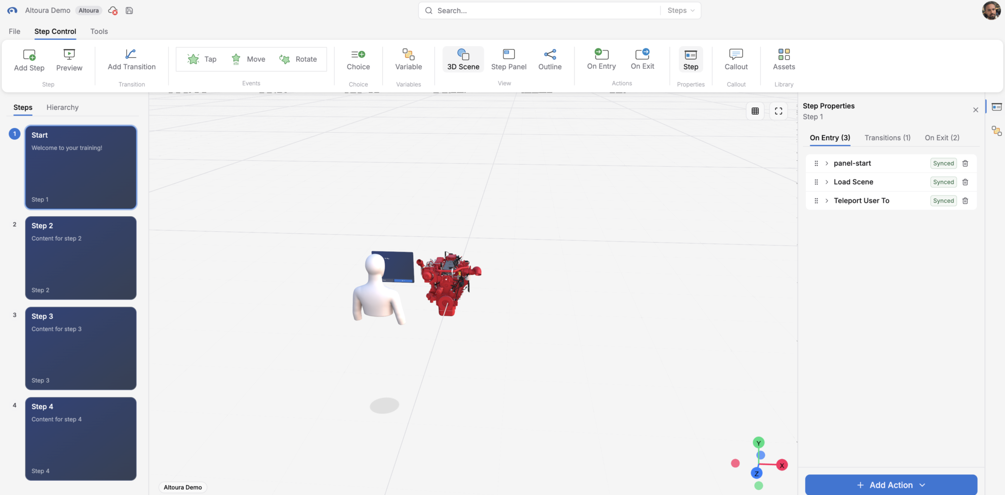 Creator canvas showing steps, 3D viewer, and properties panel
