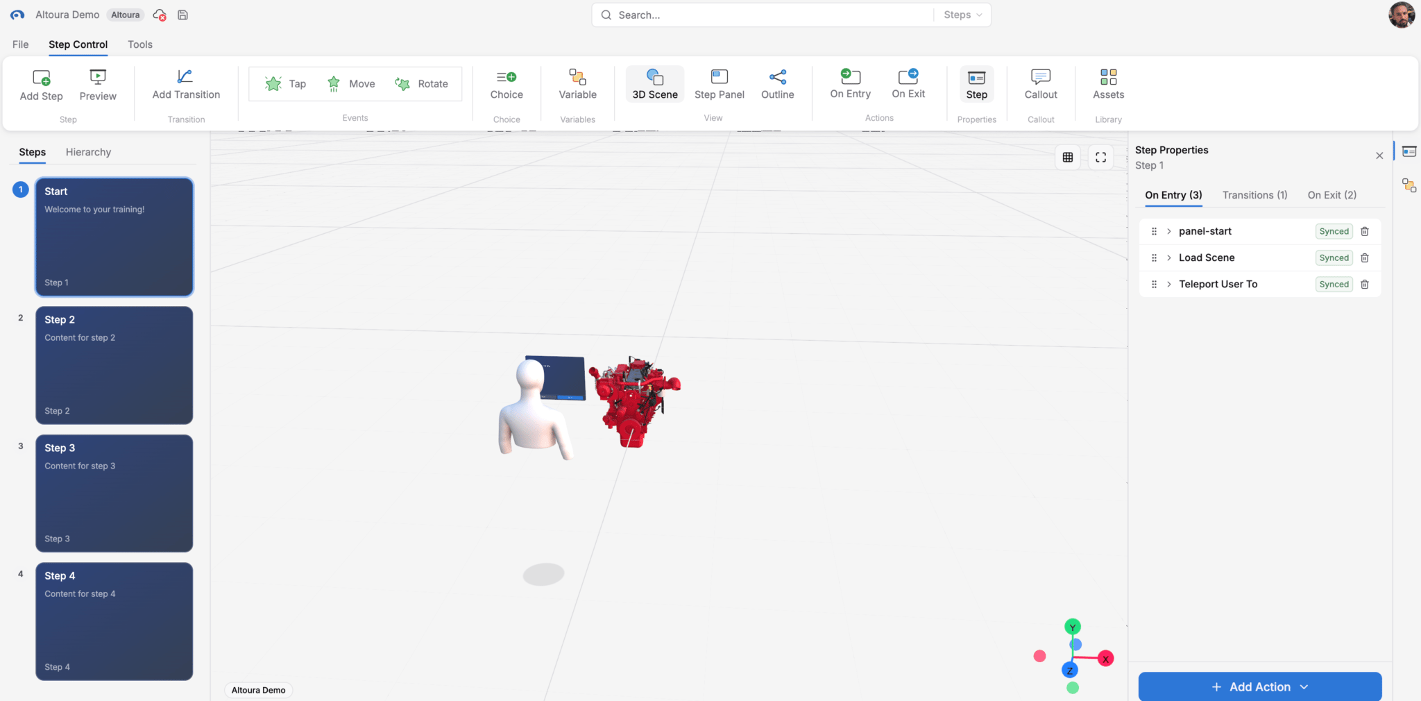 Creator canvas showing steps, 3D viewer, and properties panel