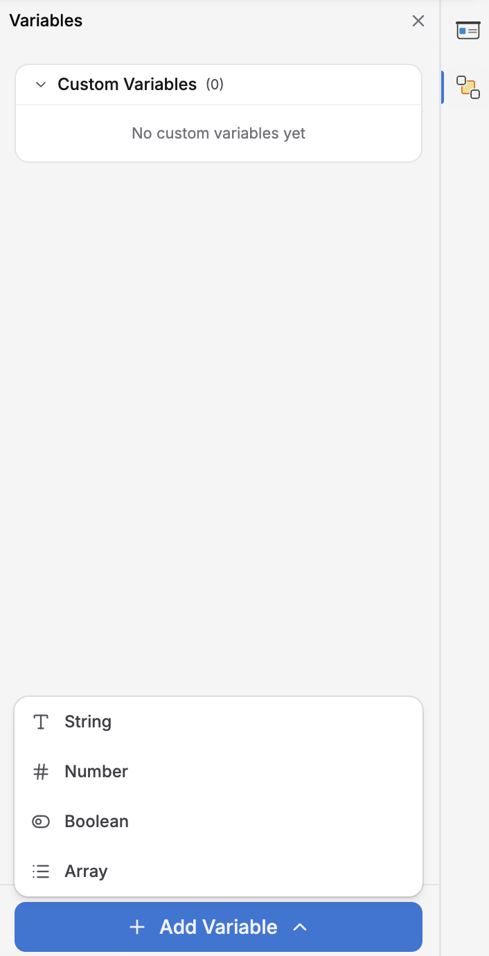 Variables pane showing an empty Custom Variables section and the Add Variable menu with String, Number, Boolean, and Array options