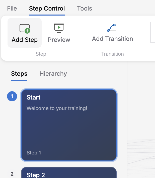 Ribbon toolbar Step group showing Add Step and Preview buttons