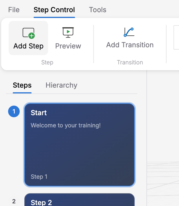 Ribbon toolbar Step group showing Add Step and Preview buttons