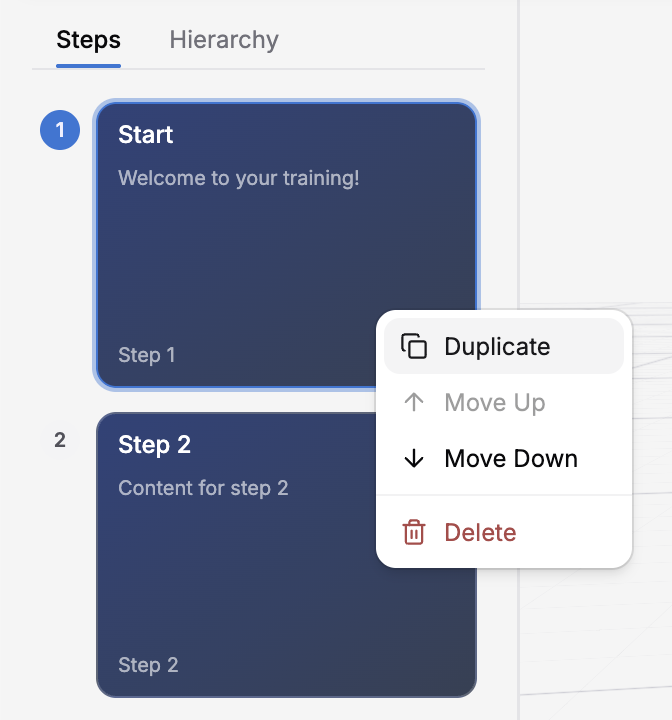 State context menu showing Duplicate, Move Up, Move Down, and Delete options