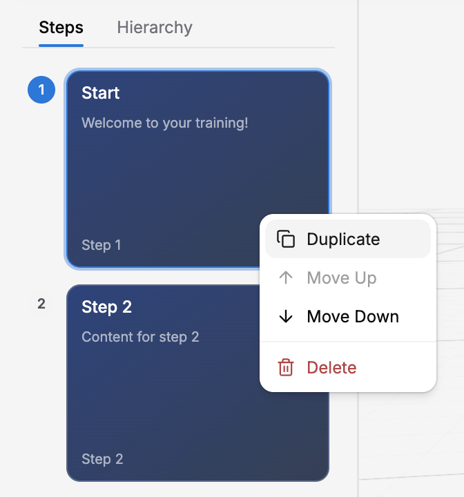State context menu showing Duplicate, Move Up, Move Down, and Delete options