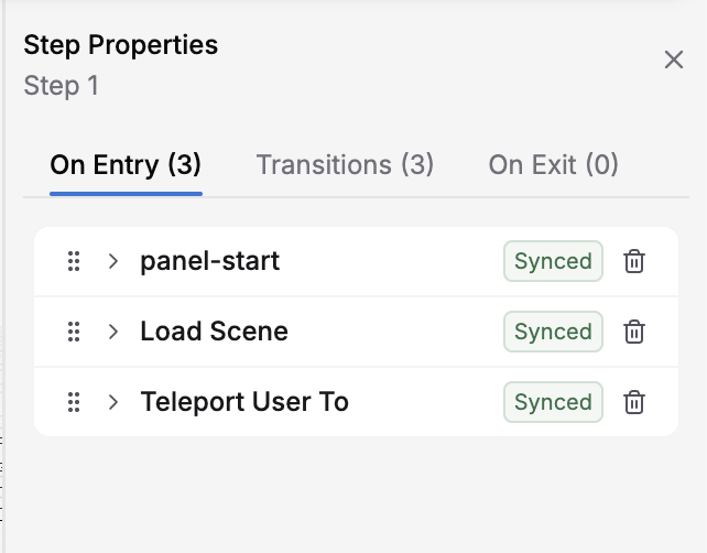 Properties panel with On Entry, Transitions, and On Exit tabs