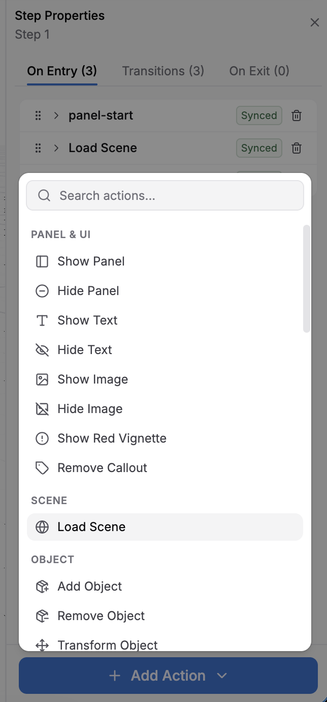 Add Action dropdown with a Search actions field and actions grouped under Panel & UI, Scene, and Object