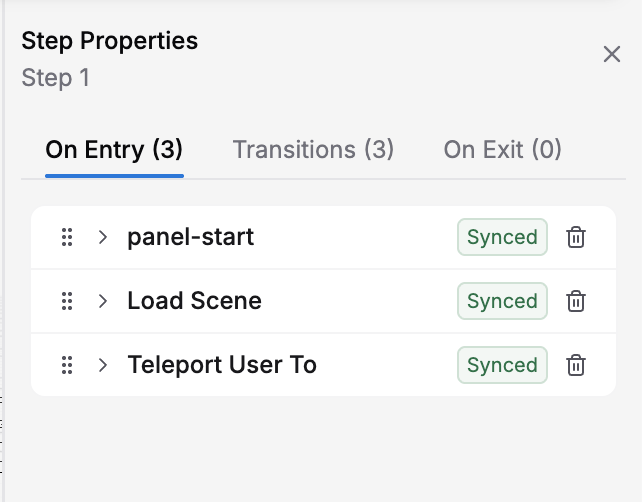 Step Properties panel with On Entry (3) selected and three actions listed: panel-start, Load Scene, and Teleport User To