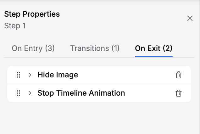 Step Properties panel with On Exit selected, showing Hide Image and Stop Timeline Animation actions