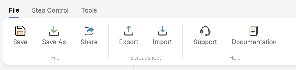 File tab showing Save, Save As, and Share in the File group; Export and Import in the Spreadsheet group; and Support and Documentation in the Help group