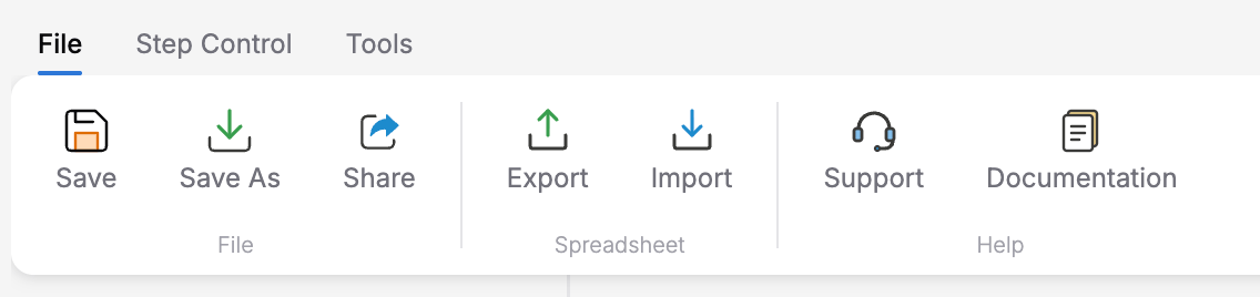 File tab showing Save, Save As, and Share in the File group; Export and Import in the Spreadsheet group; and Support and Documentation in the Help group