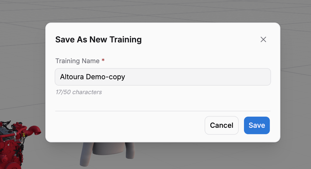 Save As New Training dialog showing Training Name field with 'Altoura Demo-copy', 17/50 characters counter, and Cancel and Save buttons