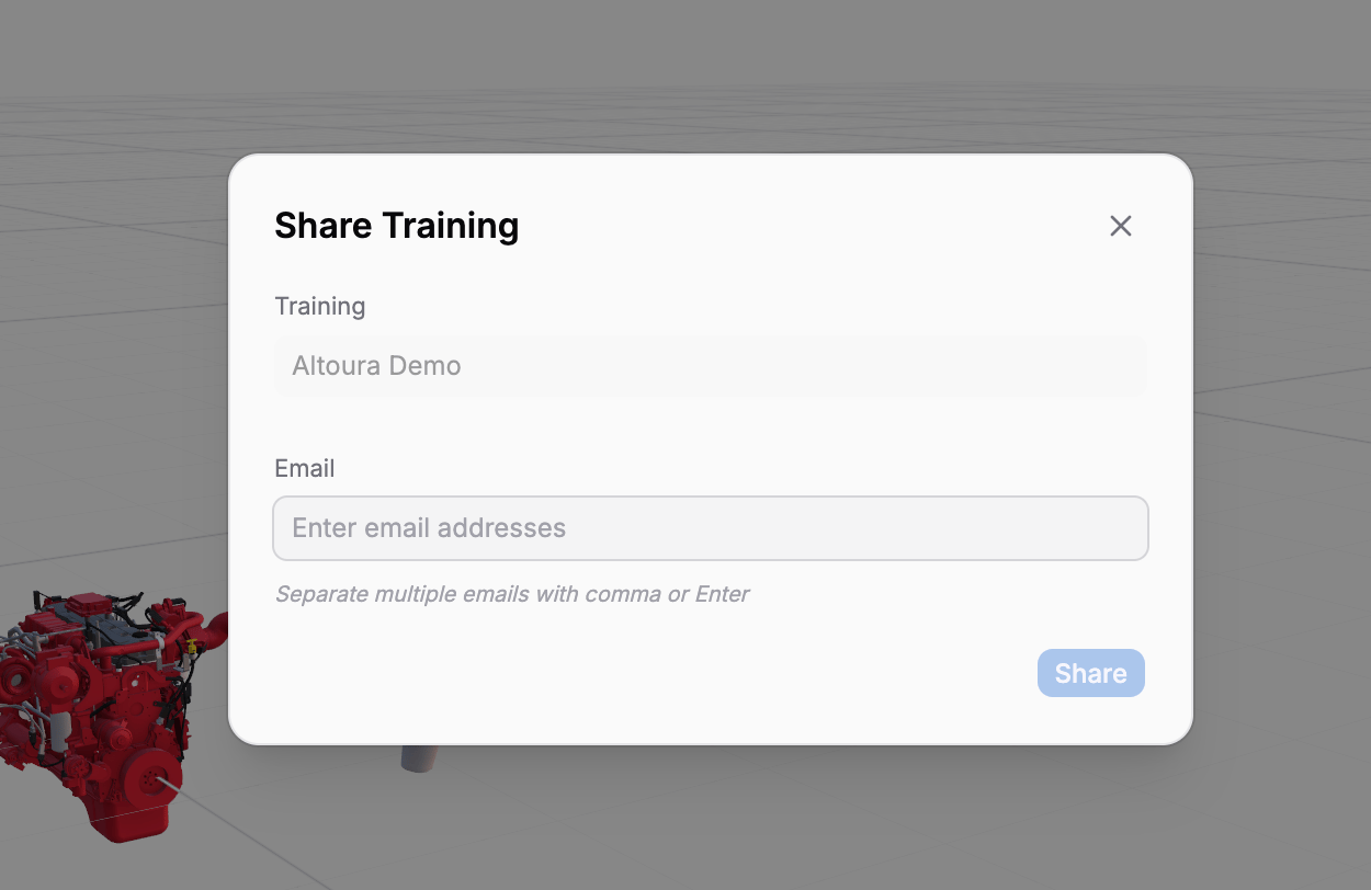 Share Training dialog showing the training name 'Altoura Demo', an Email field with placeholder 'Enter email addresses', helper text 'Separate multiple emails with comma or Enter', and a disabled Share button