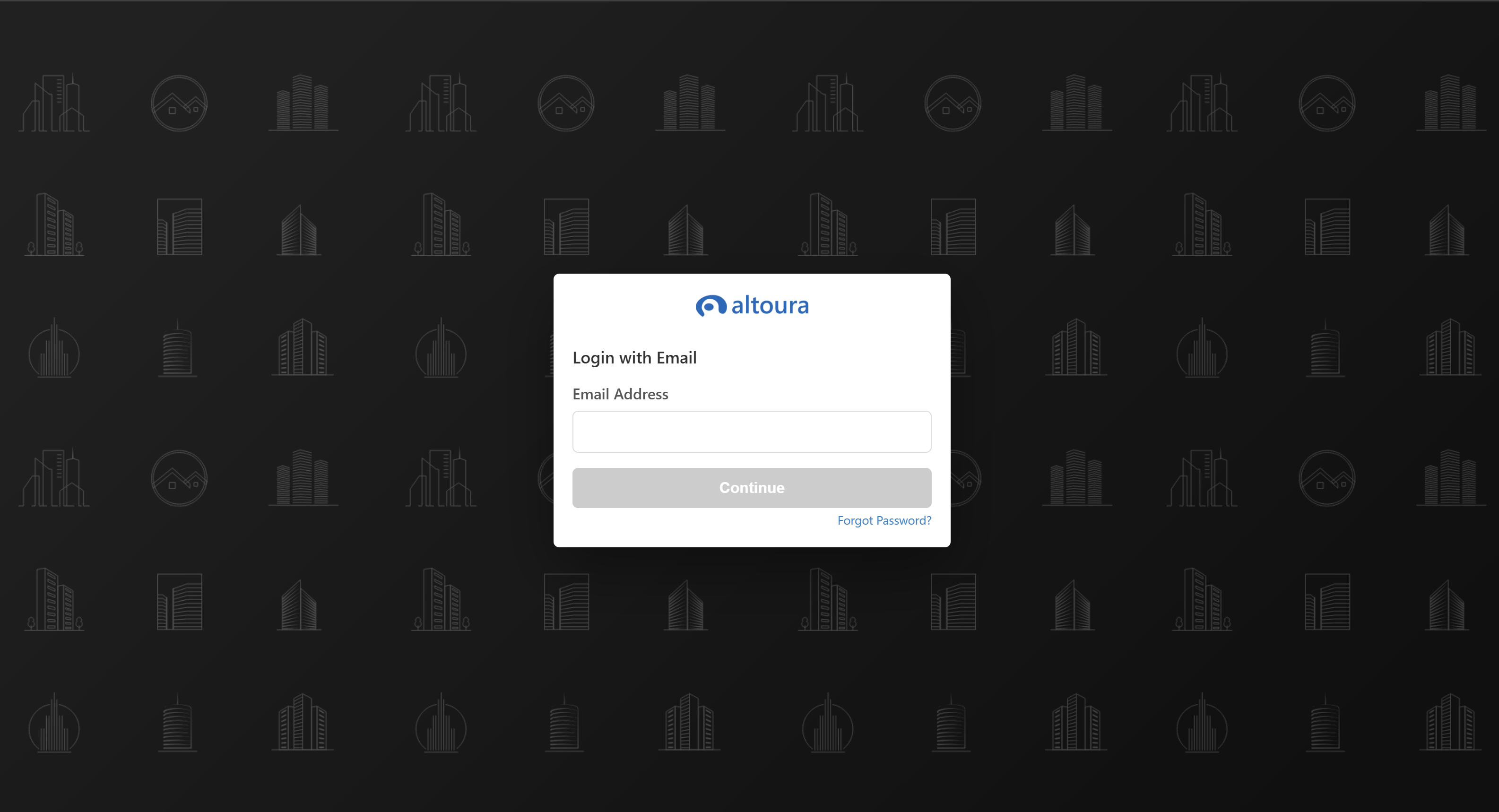 Altoura Login with Email screen with an empty Email Address field, a disabled Continue button, and a Forgot Password link, with the Altoura logo at the top.