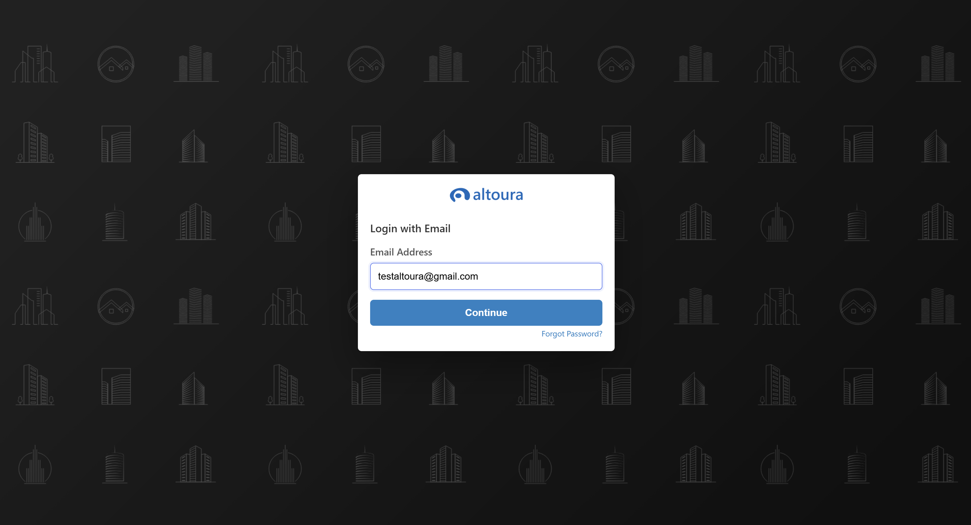 Altoura Login with Email screen with an email address entered in the Email Address field and the Continue button now active.