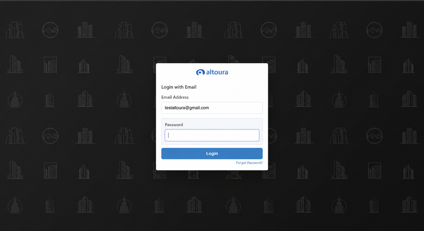Altoura Login with Email screen expanded to show a Password field beneath the entered email address, with a Login button and a Forgot Password link.