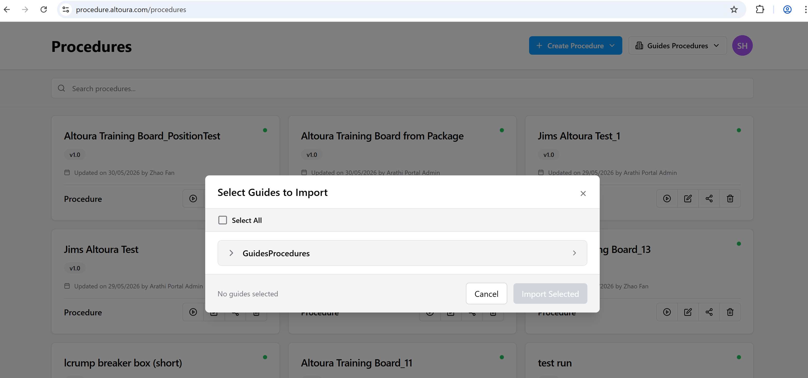 Select Guides to Import dialog with the GuidesProcedures group collapsed.