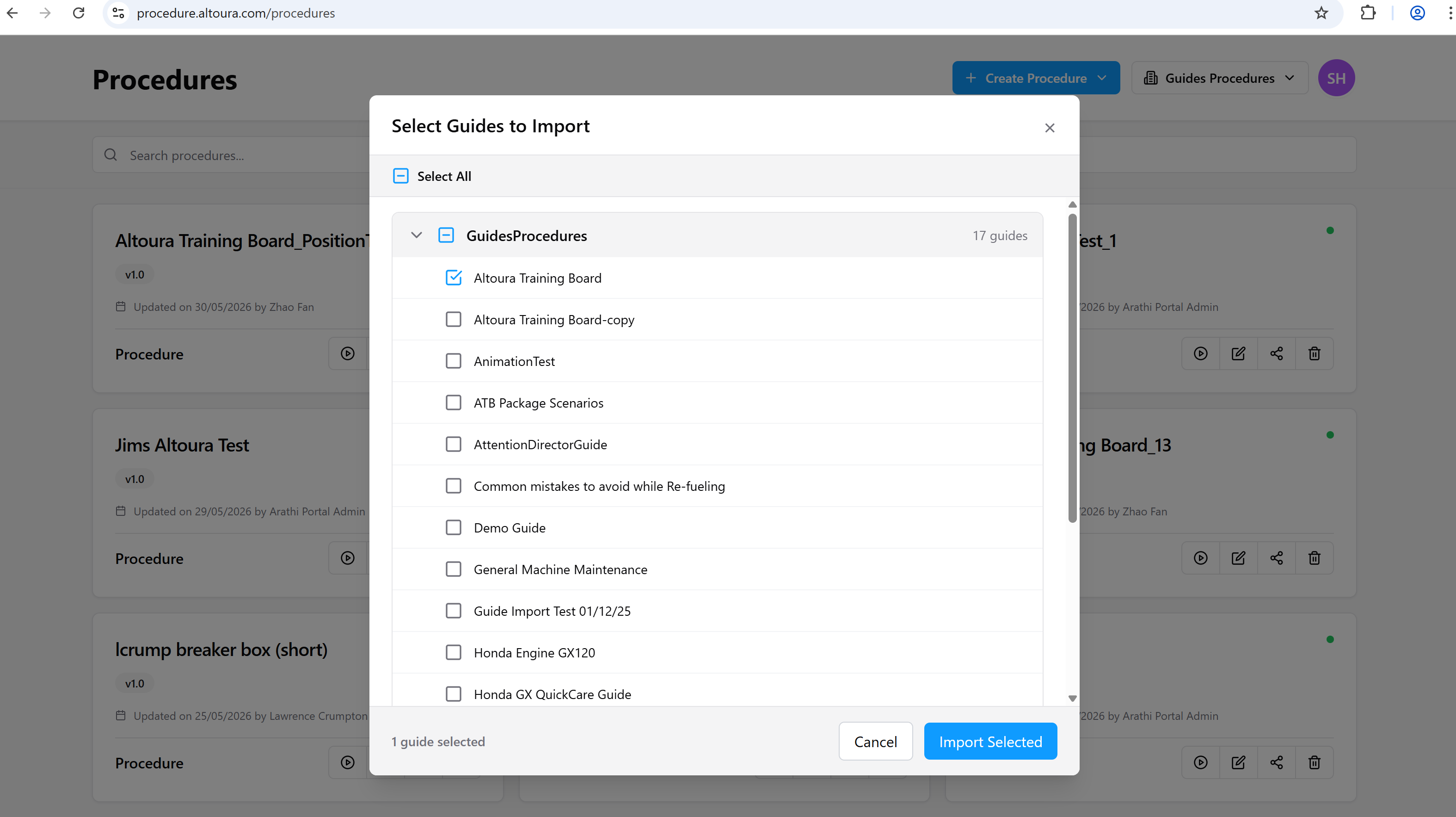 Select Guides to Import dialog with one guide selected; the Import Selected button is now active.