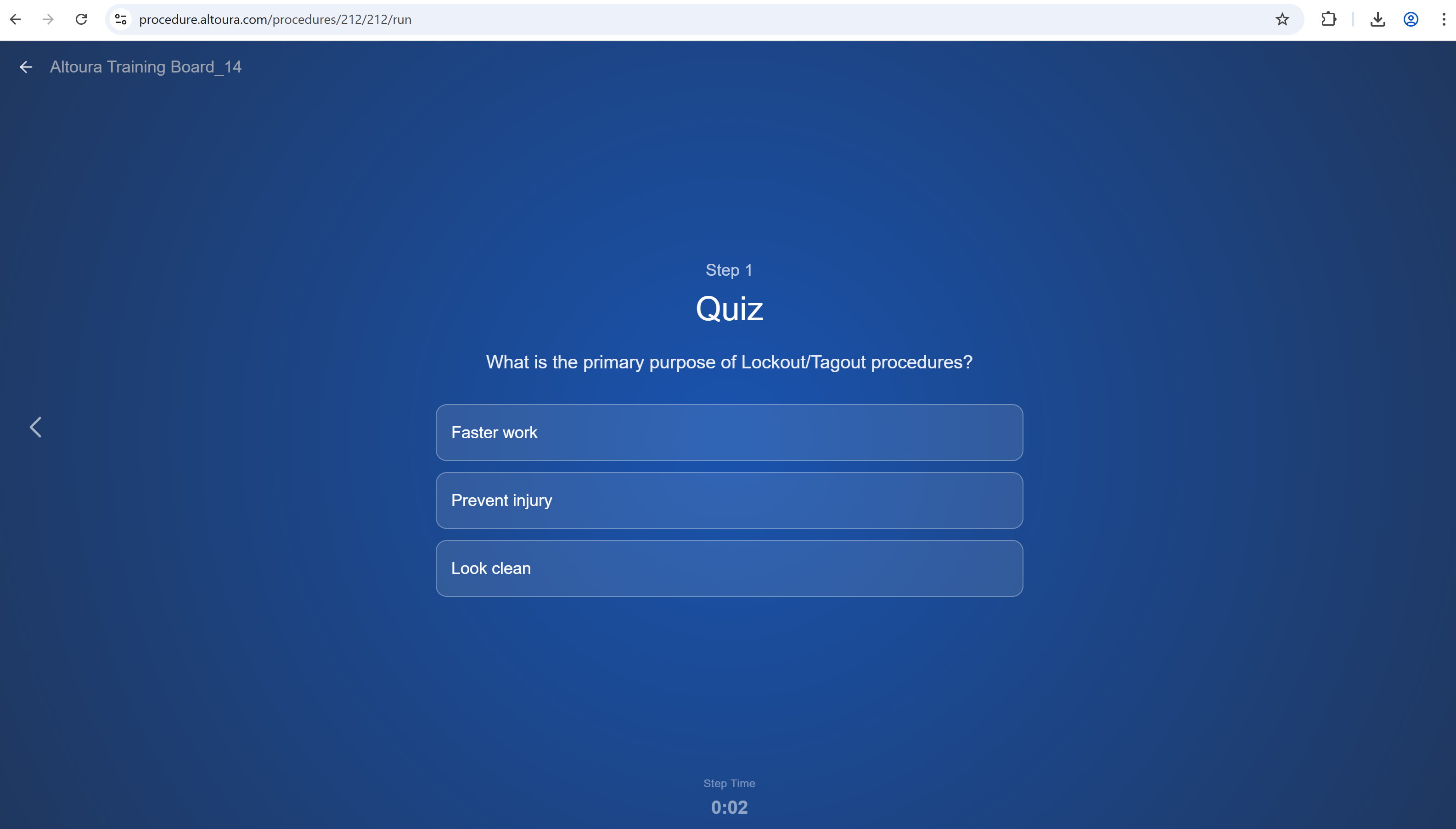 Run Mode showing a Choice Step titled 'Quiz' with the question 'What is the primary purpose of Lockout/Tagout procedures?' and three selectable answer options.