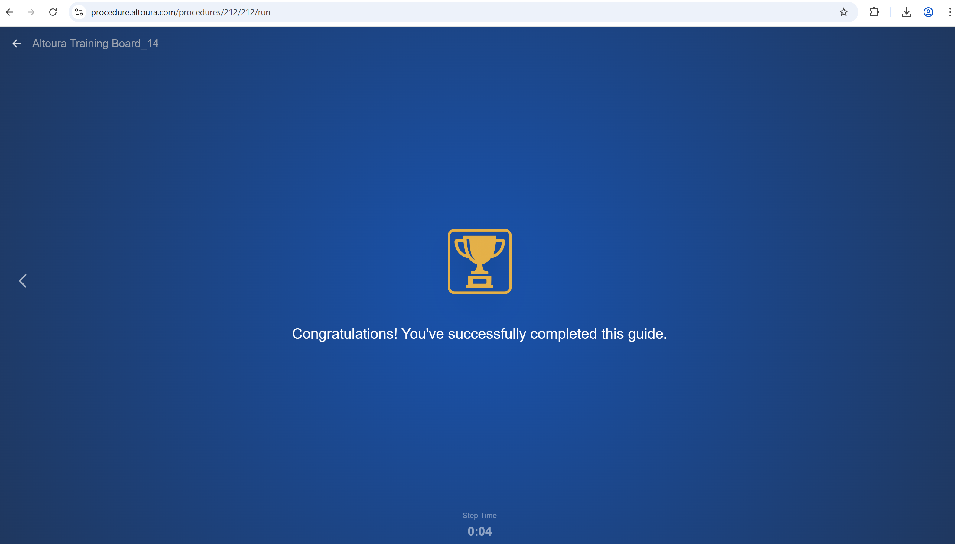 Run Mode completion screen displaying a trophy icon, a congratulations message confirming the procedure was completed, and the final step time at the bottom.