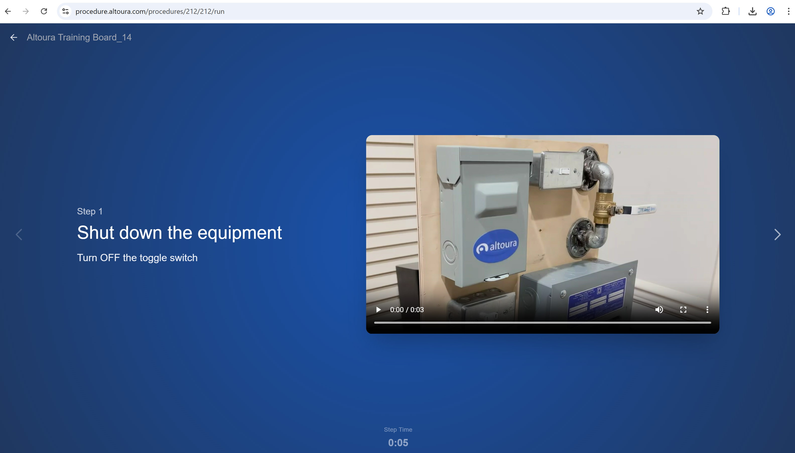 Run Mode showing a regular procedure step titled 'Shut down the equipment' with instructions on the left, an embedded video on the right, navigation chevrons on the sides, and a Step Time counter at the bottom.