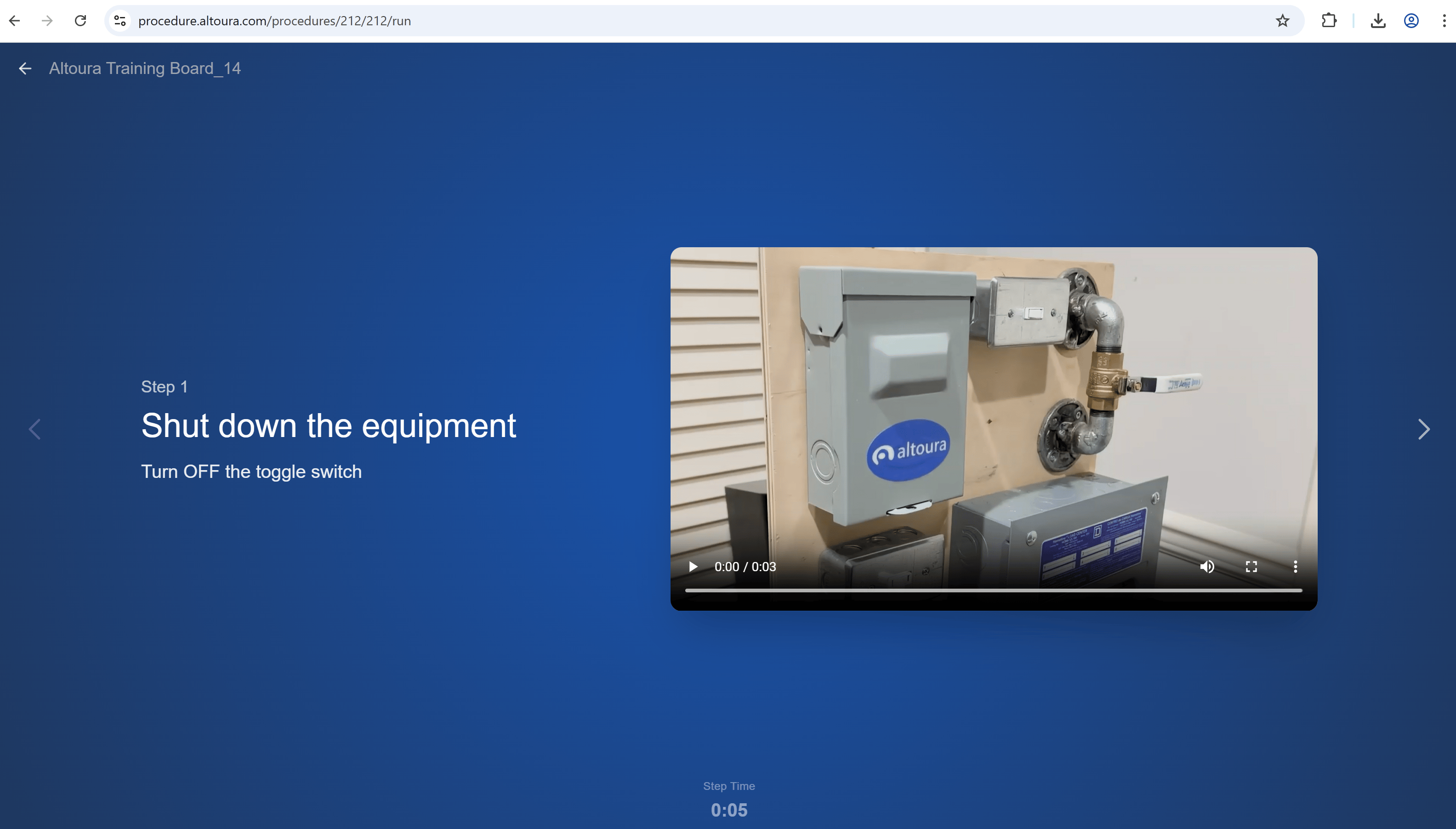 Run Mode showing a regular procedure step titled 'Shut down the equipment' with instructions on the left, an embedded video on the right, navigation chevrons on the sides, and a Step Time counter at the bottom.