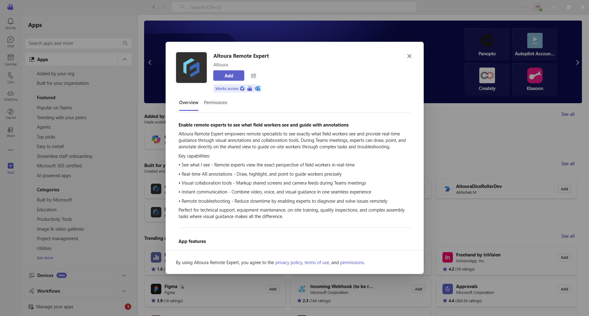 Altoura Remote Expert app details in Microsoft Teams