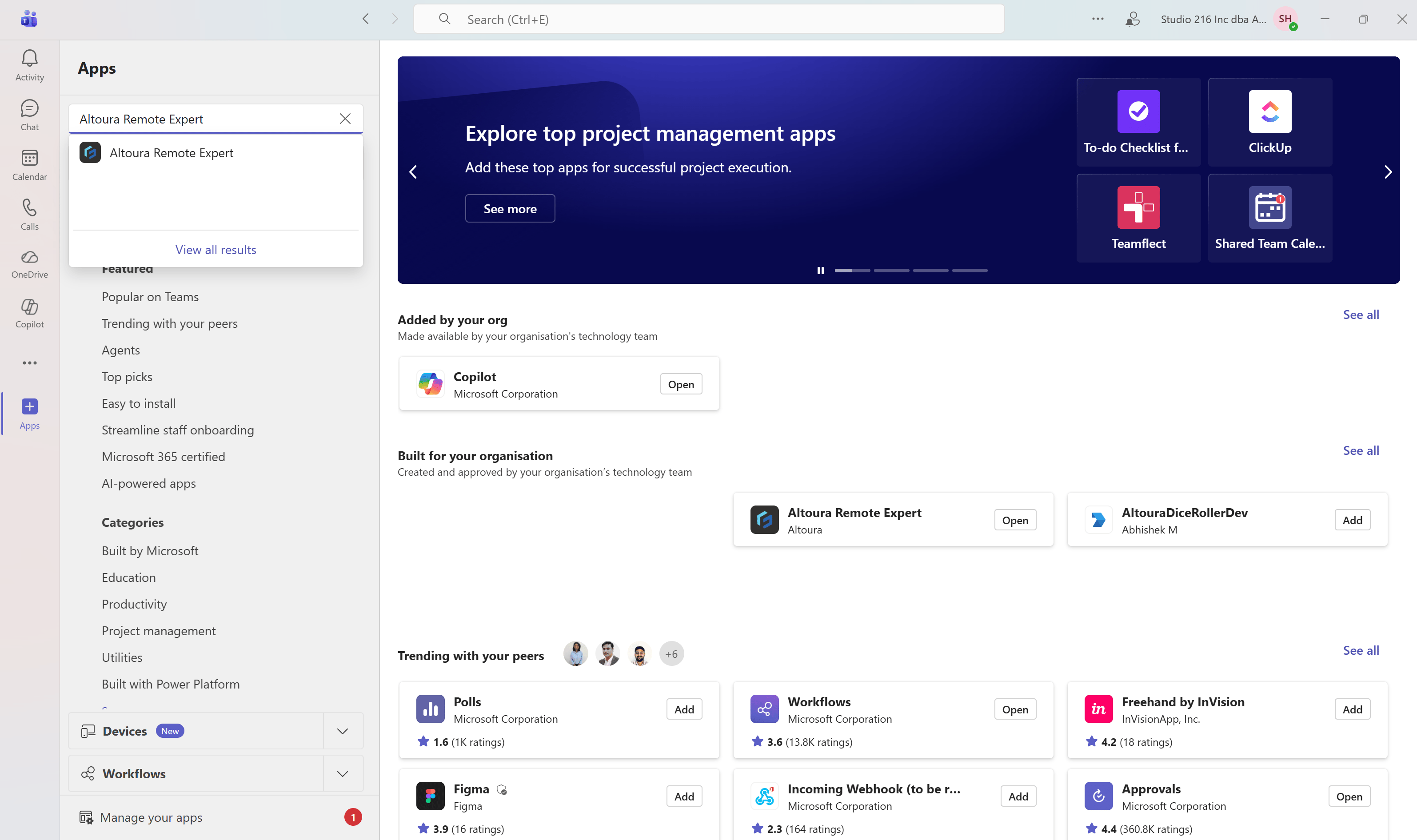 Searching for Altoura Remote Expert in Microsoft Teams Apps