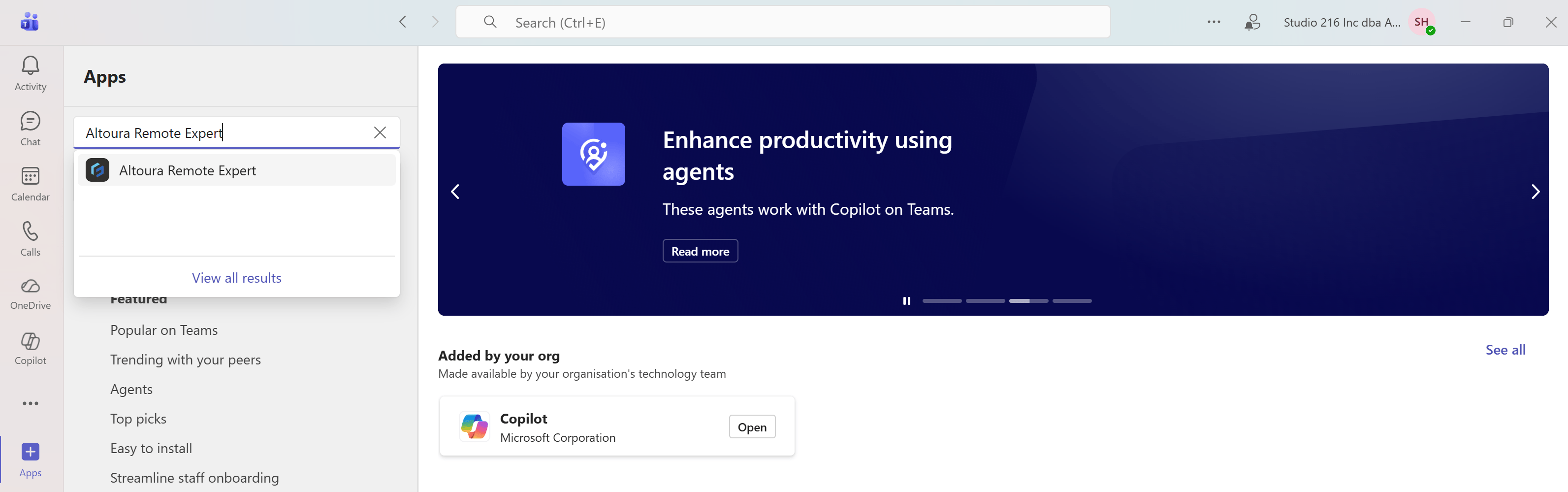 Altoura Remote Expert appearing in the Teams Apps search dropdown
