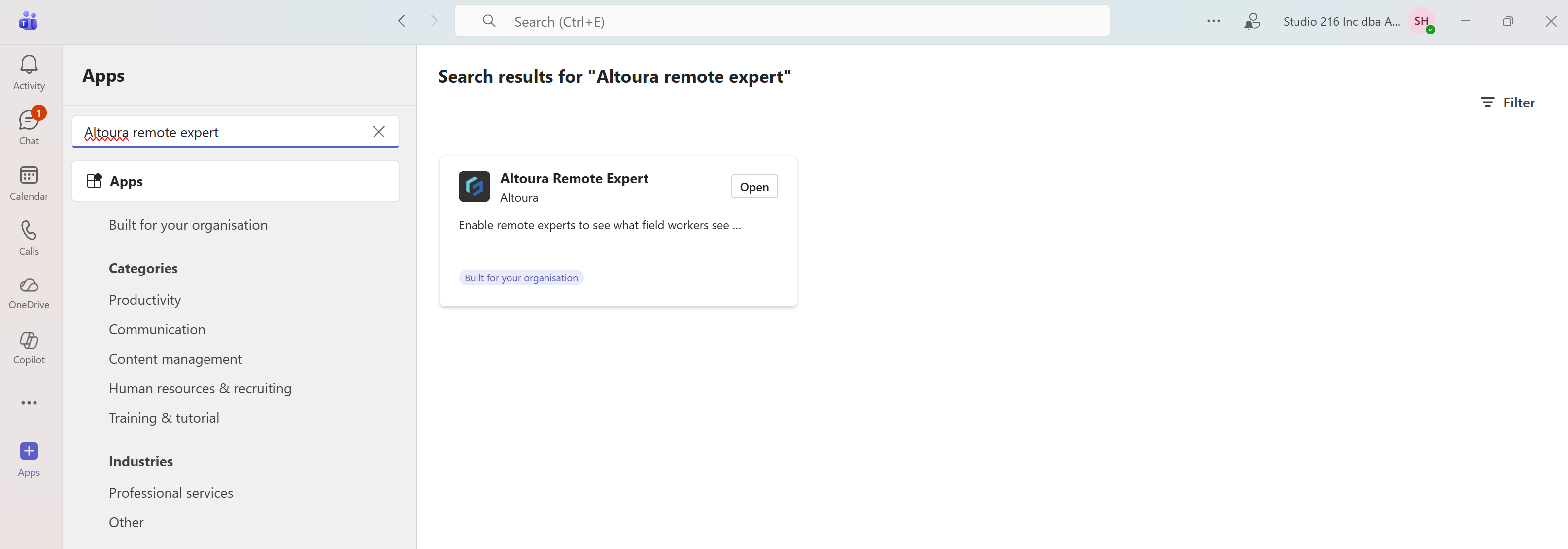 Altoura Remote Expert in the Teams Apps search results page