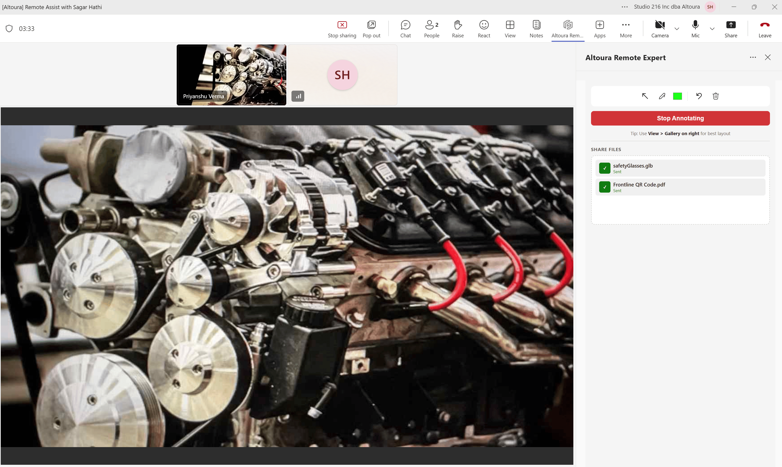 Remote Expert panel showing a PDF and a 3D model sent to the HMD user under SHARE FILES