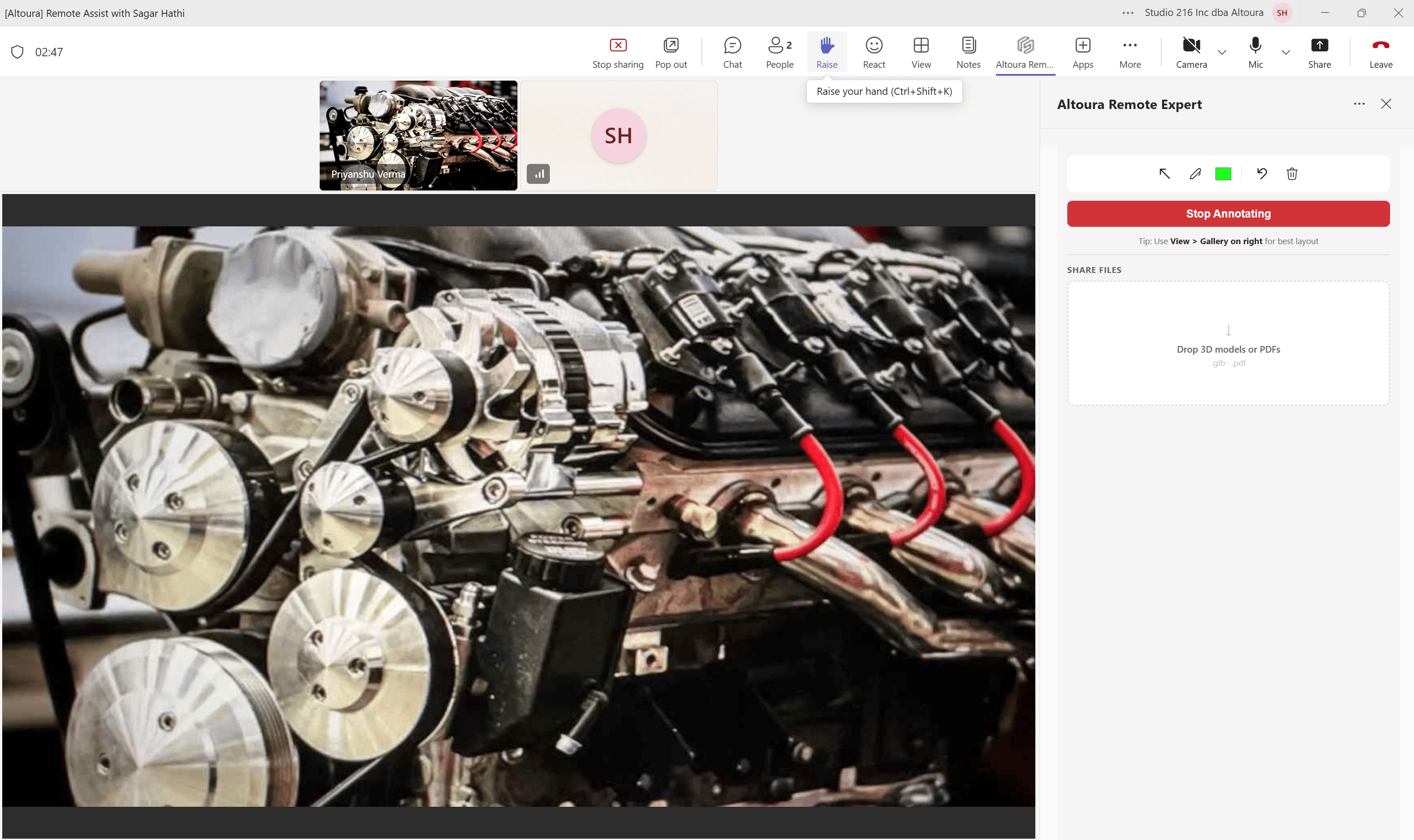 Altoura Remote Expert panel in a live Teams meeting with annotation active and the SHARE FILES drop area