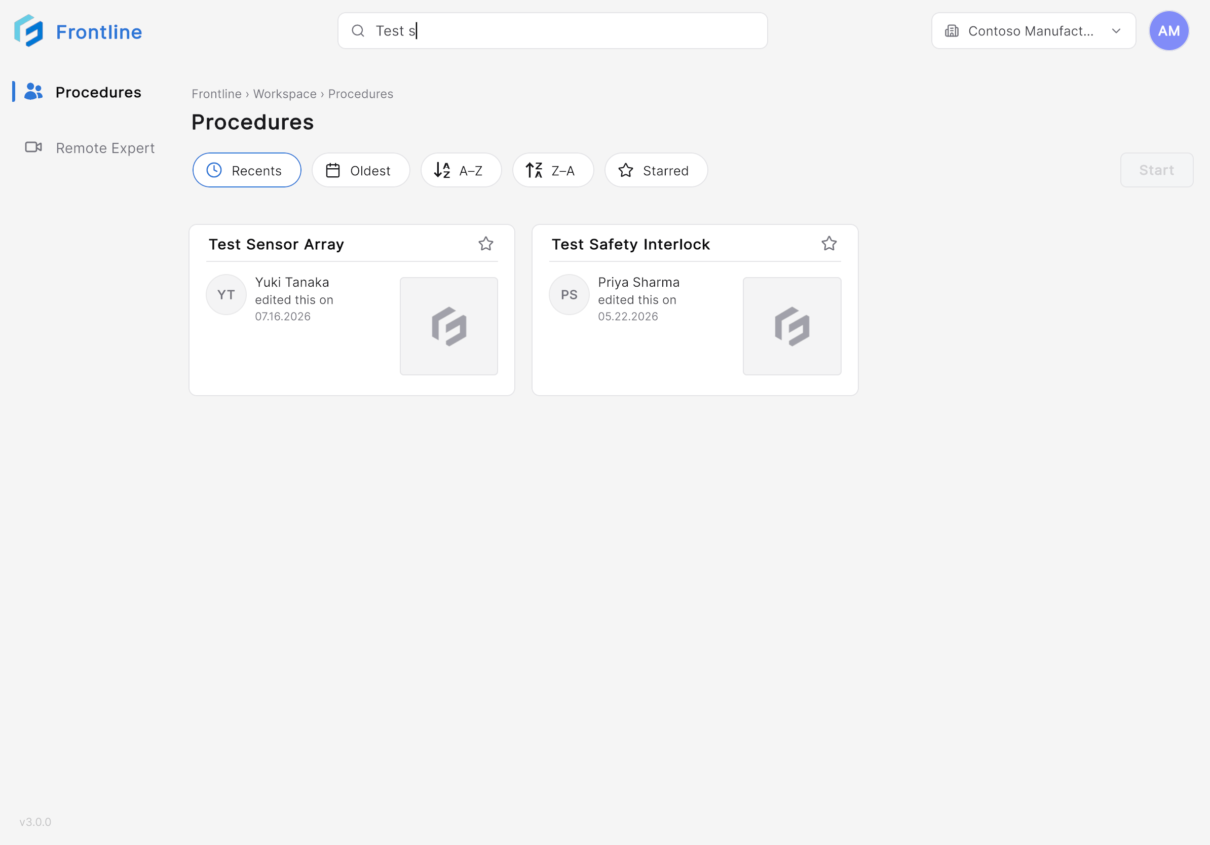 Search bar displaying matching procedures