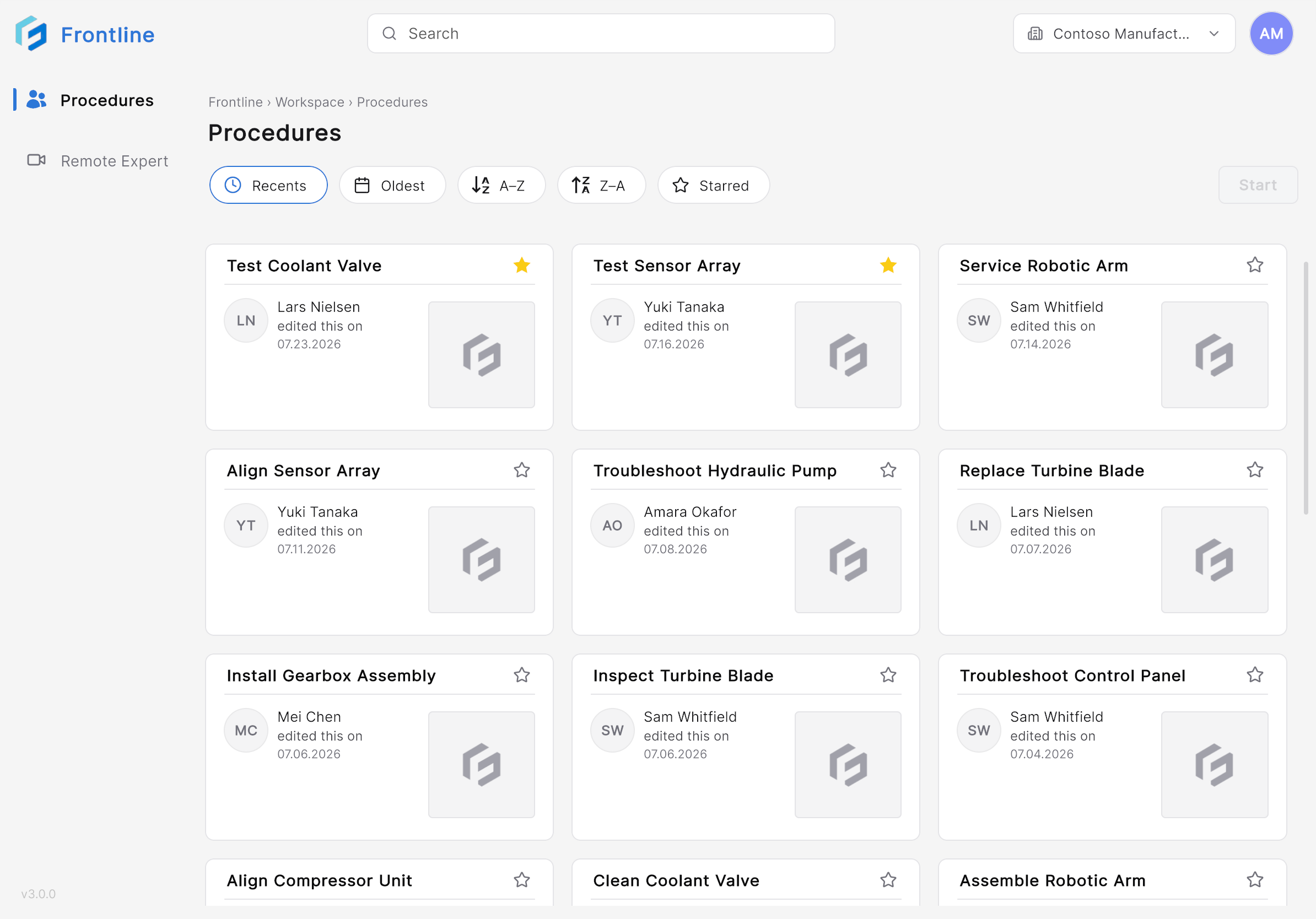 Procedure list filtered to starred procedures