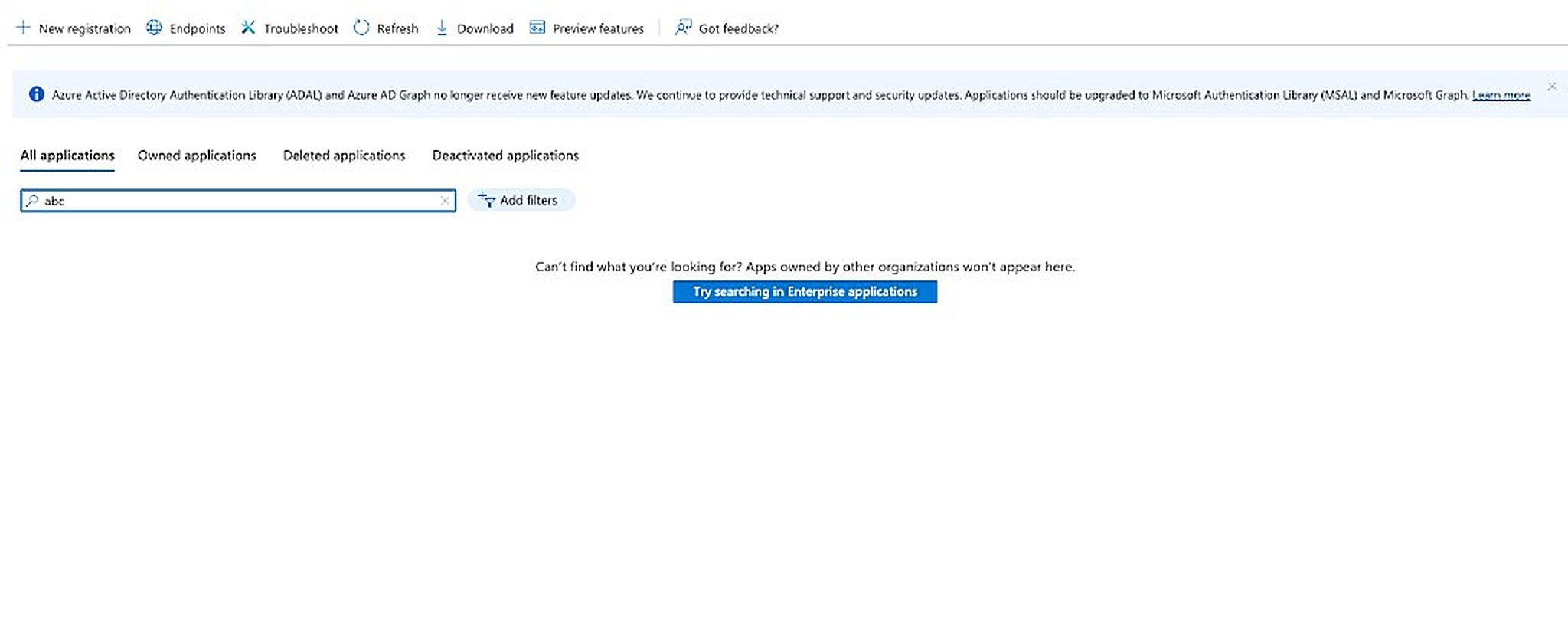 Azure portal App registrations page with the New registration button highlighted