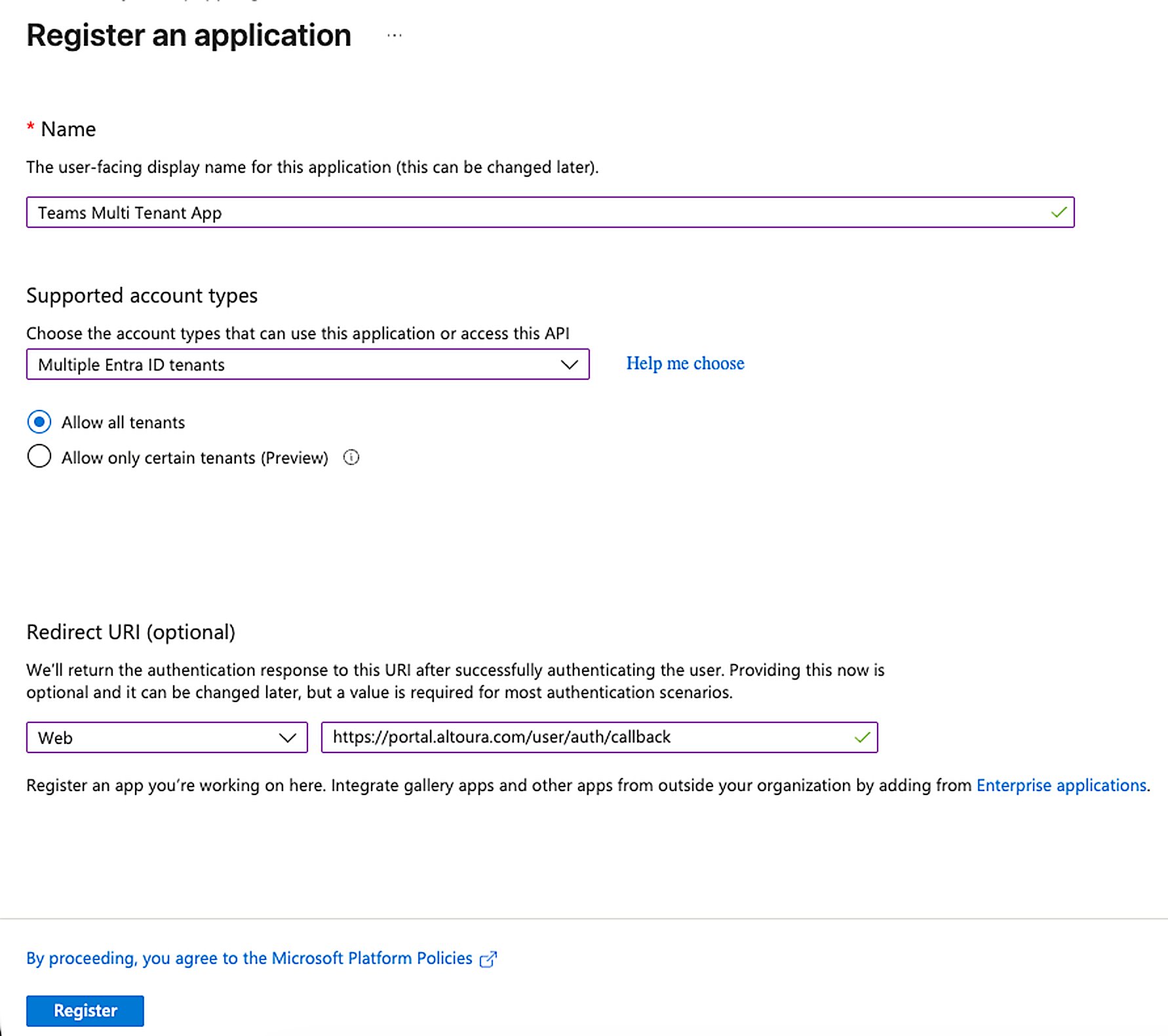 Register an application form with name, supported account types, and redirect URI