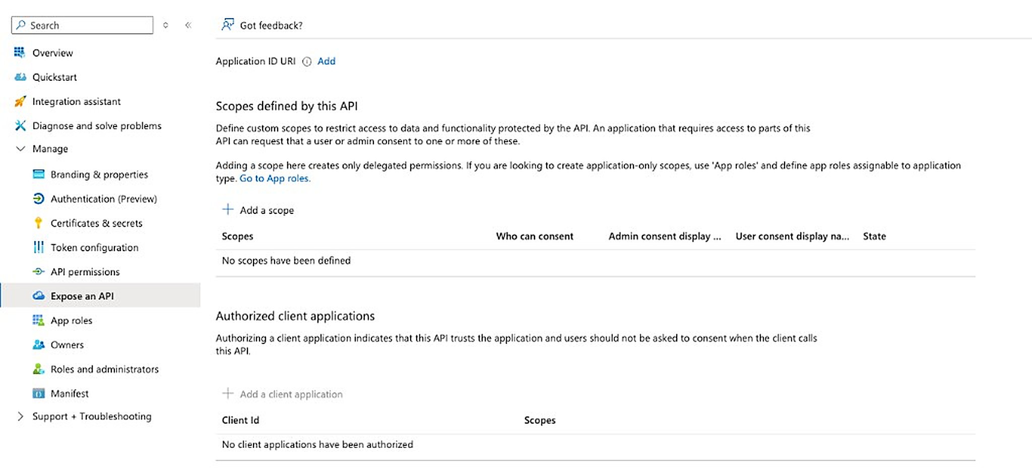 Expose an API page with the Add link next to Application ID URI