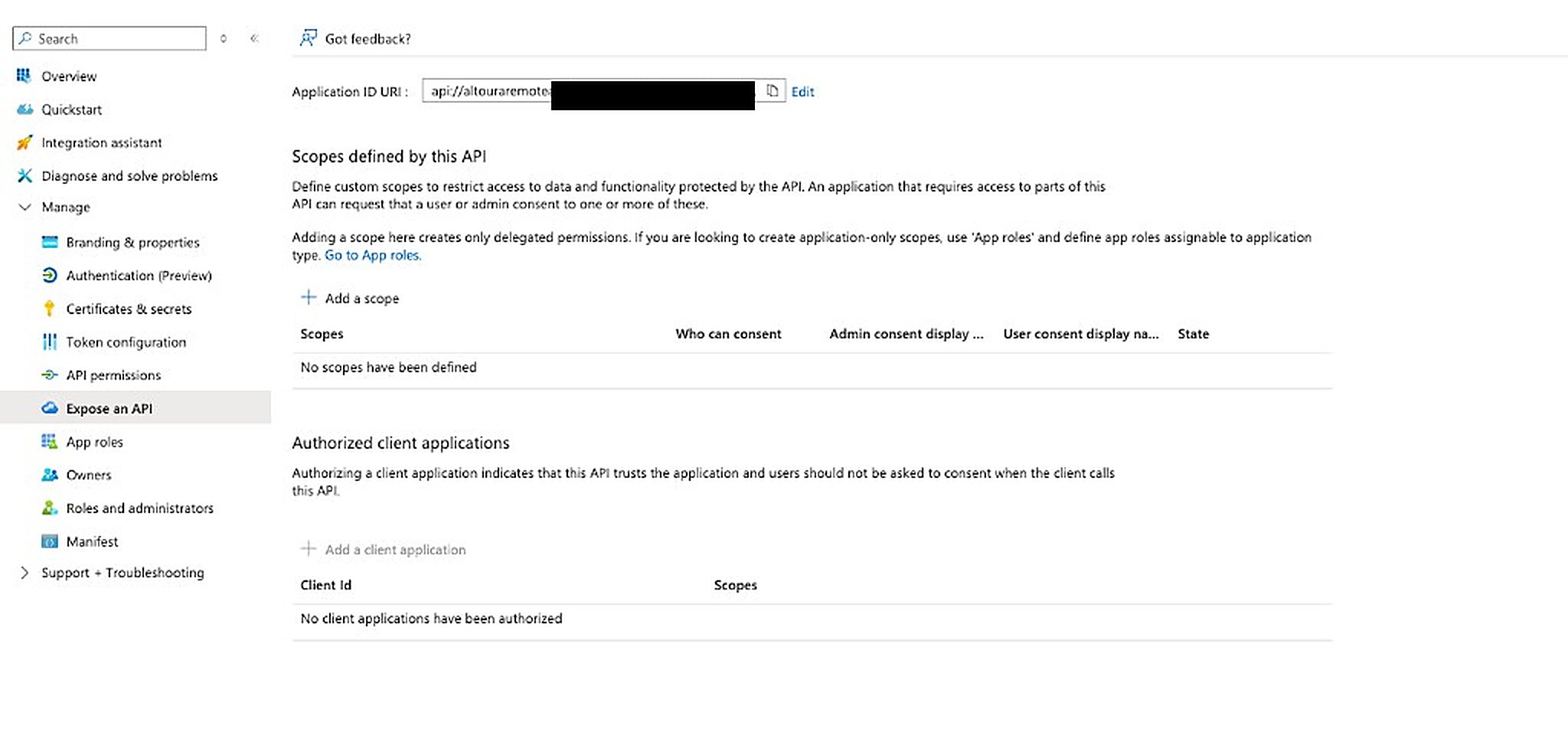 Expose an API page with the Add a scope button