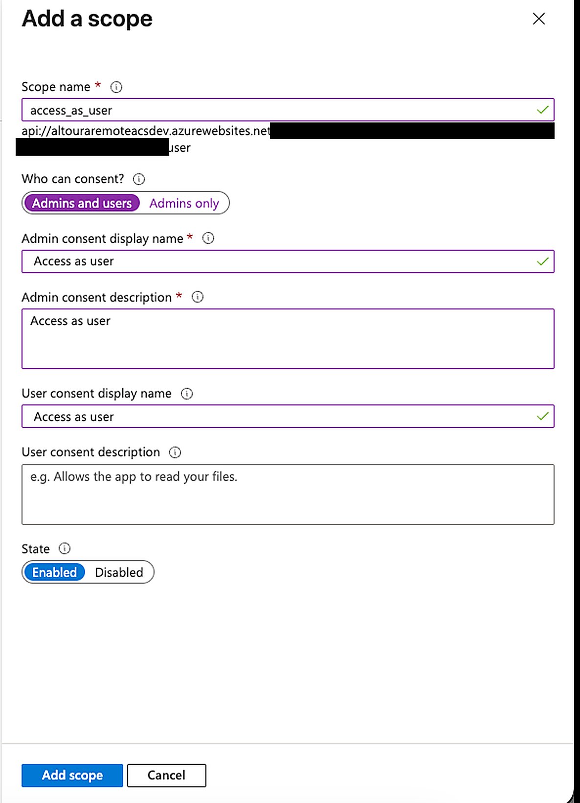 Add a scope form filled in for the access_as_user scope