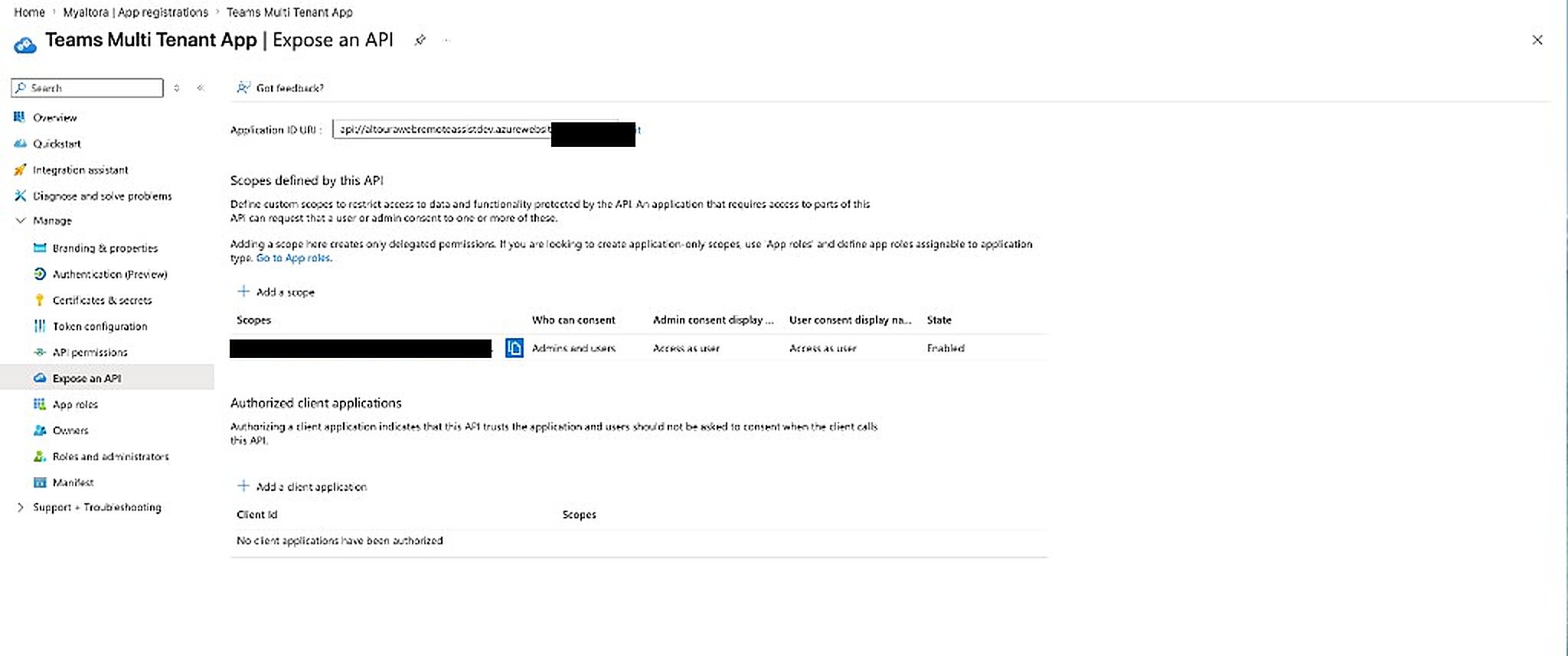 Expose an API page with the Add a client application button