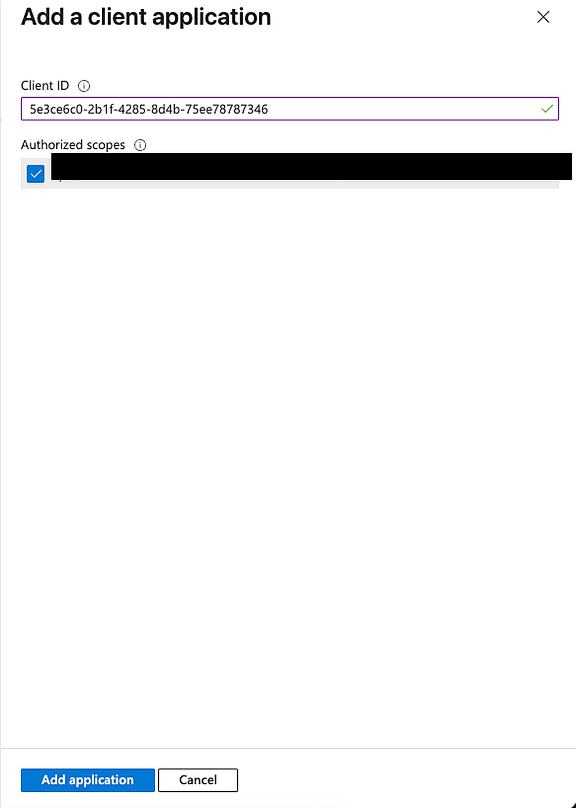 Add a client application panel with a Client ID entered and the authorized scope checked