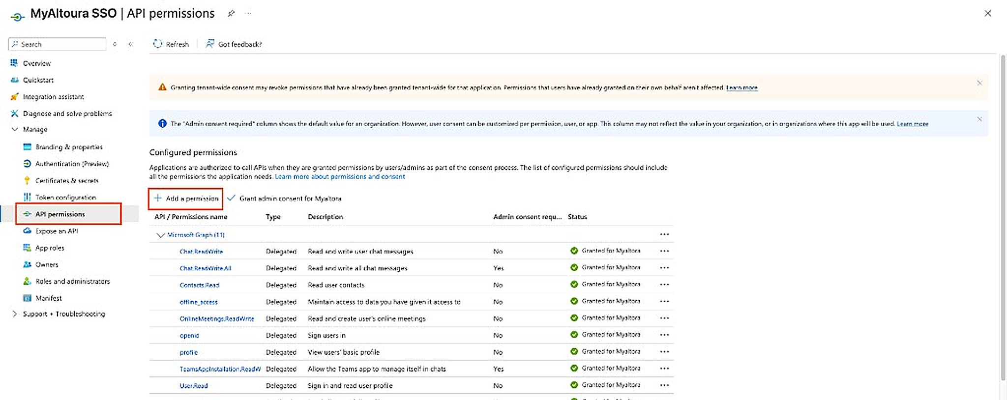 API permissions page with the Add a permission button