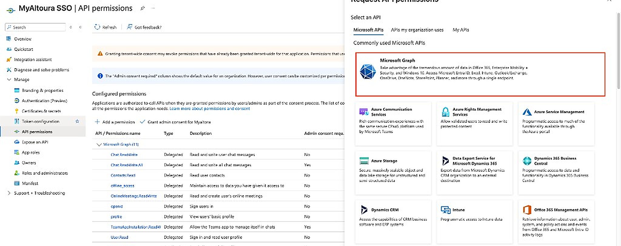 Request API permissions pane with Microsoft Graph selected
