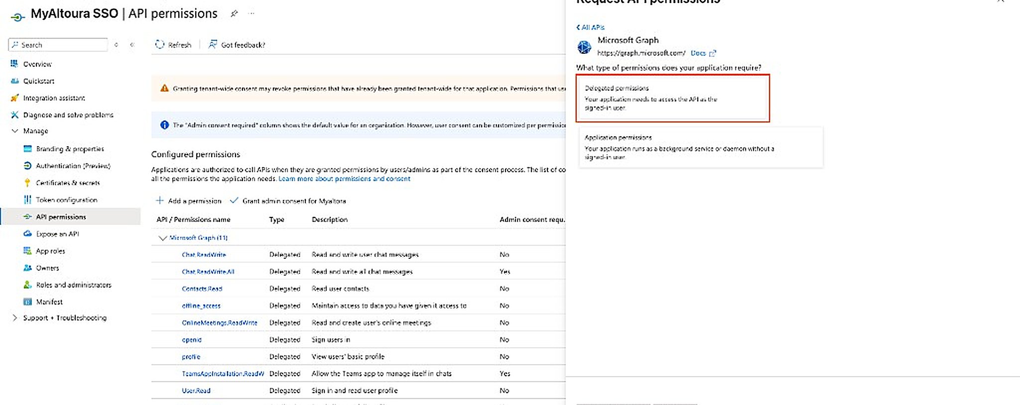 Microsoft Graph permission type selection with Delegated permissions chosen