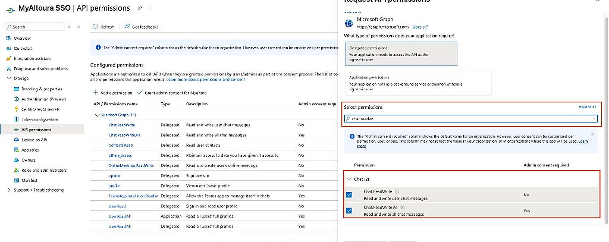 Selecting the required Microsoft Graph permissions
