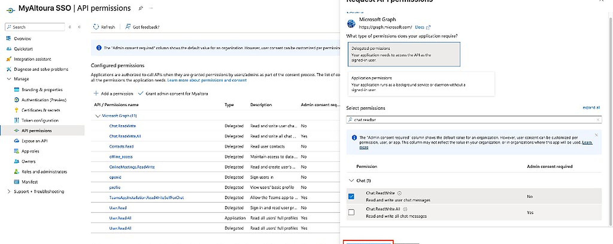 Configured Microsoft Graph permissions list