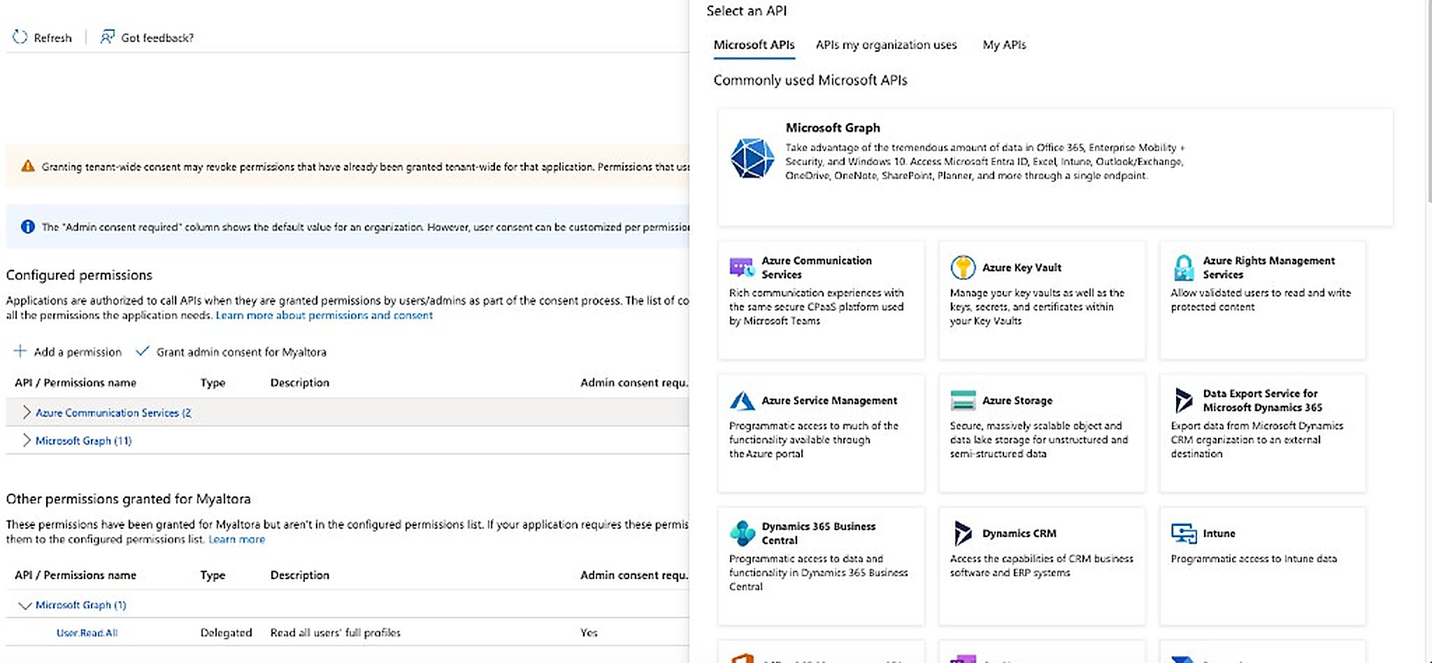 Request API permissions pane with Azure Communication Services selected