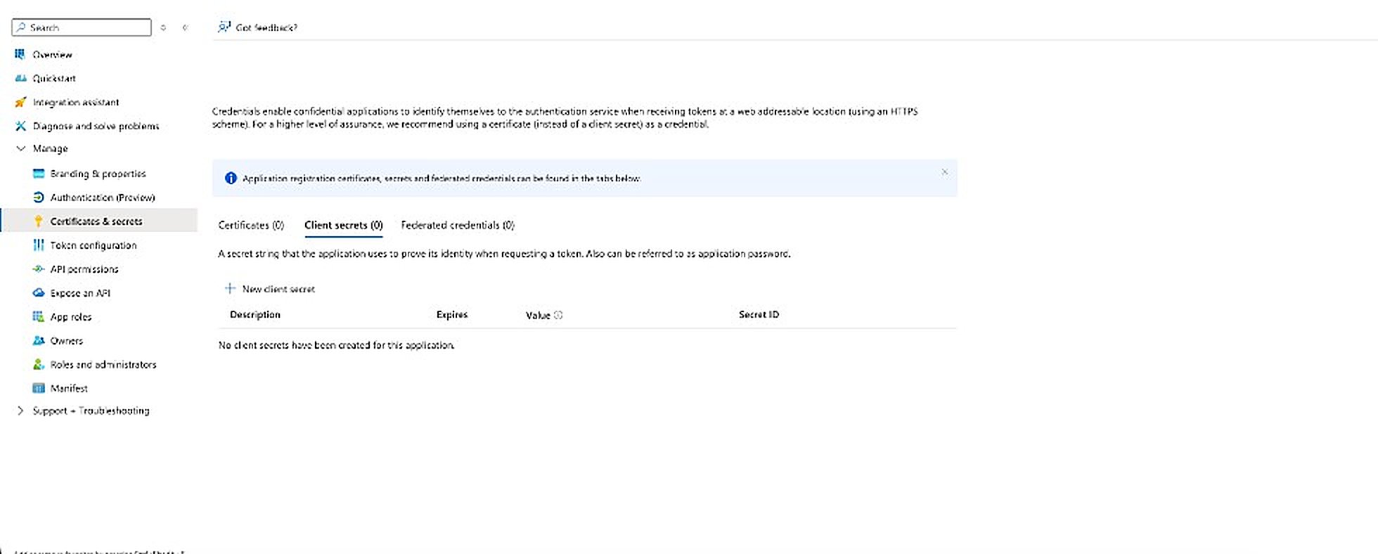 Certificates & secrets page with the Client secrets tab and New client secret button
